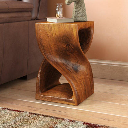 Handmade Solid Wood Double Twist Side Table | Rustic Natural Grain Abstract Form