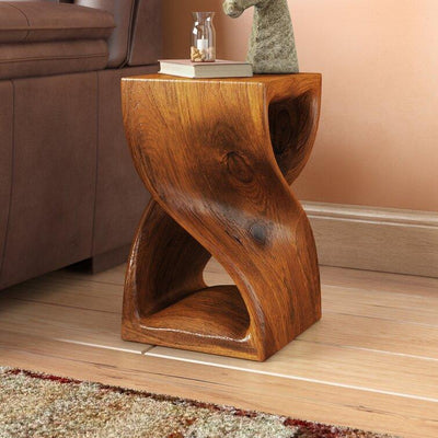Handmade Solid Wood Double Twist Side Table | Rustic Natural Grain Abstract Form