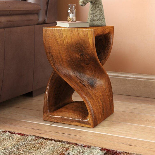 Handmade Solid Wood Double Twist Side Table | Rustic Natural Grain Abstract Form