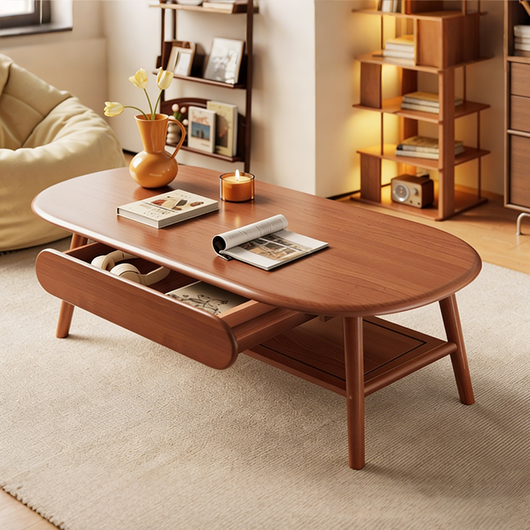 Solid Wood Oval Coffee Table, Compact Living Room Coffee Table, Double-Layer Storage Coffee Table, Modern Minimalist Coffee Table