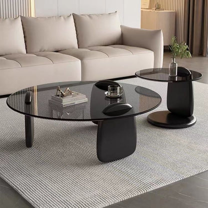Modern Glass Coffee Table Set, Round Tempered Glass Top with Solid Wood Base – Contemporary Living Room Center Table