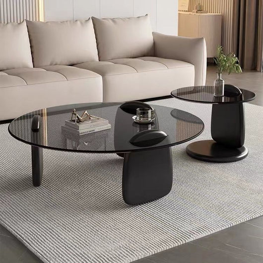 Modern Glass Coffee Table Set, Round Tempered Glass Top with Solid Wood Base – Contemporary Living Room Center Table