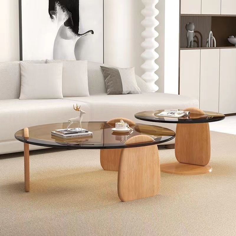 Modern Glass Coffee Table Set, Round Tempered Glass Top with Solid Wood Base – Contemporary Living Room Center Table