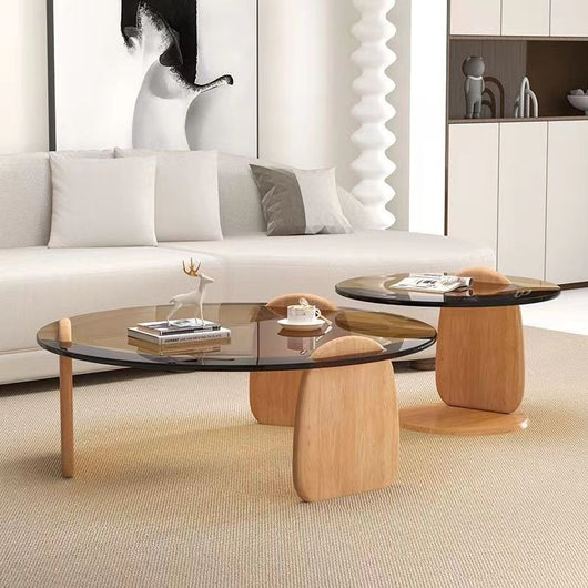 Modern Glass Coffee Table Set, Round Tempered Glass Top with Solid Wood Base – Contemporary Living Room Center Table