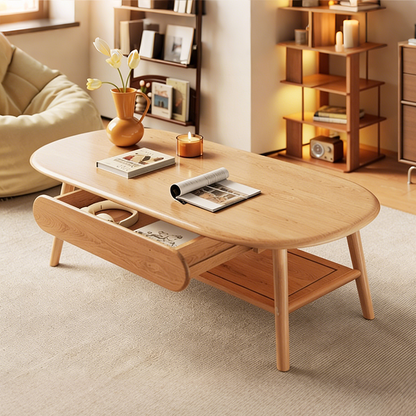 Solid Wood Oval Coffee Table, Compact Living Room Coffee Table, Double-Layer Storage Coffee Table, Modern Minimalist Coffee Table