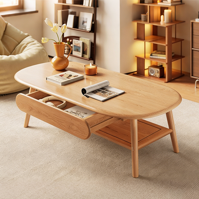 Solid Wood Oval Coffee Table, Compact Living Room Coffee Table, Double-Layer Storage Coffee Table, Modern Minimalist Coffee Table
