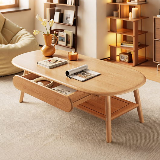 Solid Wood Oval Coffee Table, Compact Living Room Coffee Table, Double-Layer Storage Coffee Table, Modern Minimalist Coffee Table