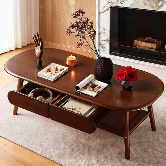 Solid Wood Oval Coffee Table, Compact Living Room Coffee Table, Double-Layer Storage Coffee Table, Modern Minimalist Coffee Table