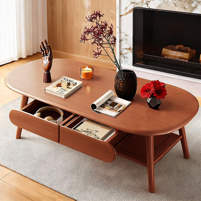 Solid Wood Oval Coffee Table, Compact Living Room Coffee Table, Double-Layer Storage Coffee Table, Modern Minimalist Coffee Table
