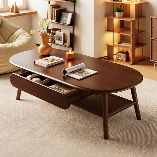 Solid Wood Oval Coffee Table, Compact Living Room Coffee Table, Double-Layer Storage Coffee Table, Modern Minimalist Coffee Table