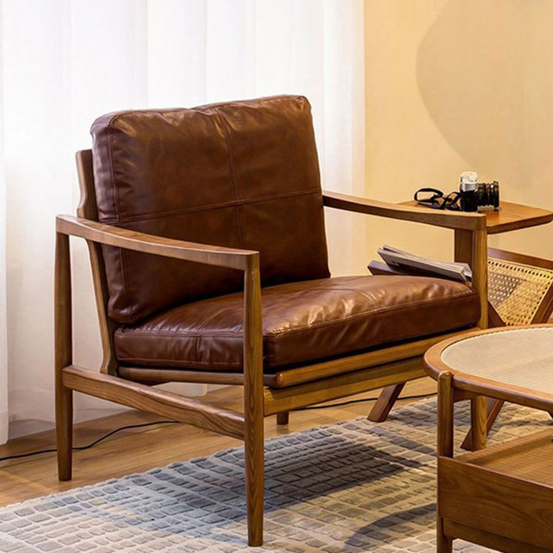 Solid Wood Lounge Chair with Waxed Leather Cushion – Modern Japandi Accent Chair for Living Room