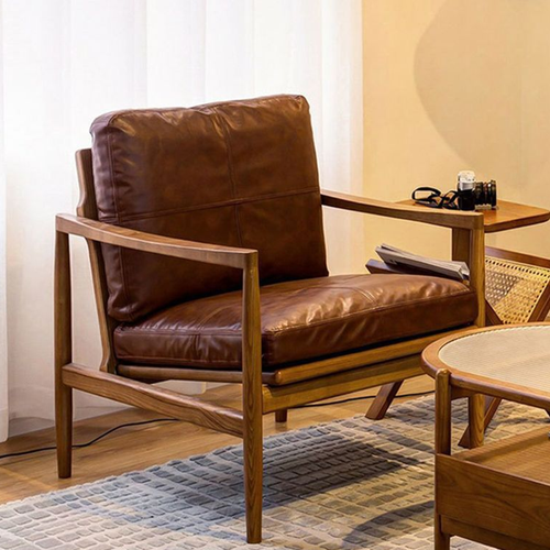 Solid Wood Lounge Chair with Waxed Leather Cushion – Modern Japandi Accent Chair for Living Room