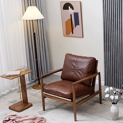 Solid Wood Lounge Chair with Waxed Leather Cushion – Modern Japandi Accent Chair for Living Room