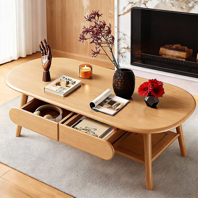 Solid Wood Oval Coffee Table, Compact Living Room Coffee Table, Double-Layer Storage Coffee Table, Modern Minimalist Coffee Table