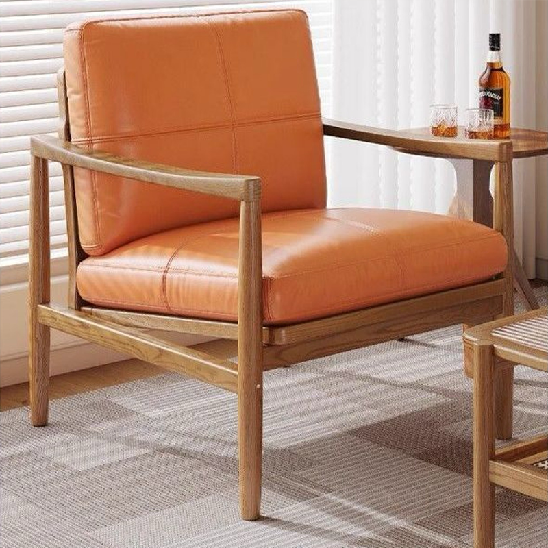 Solid Wood Lounge Chair with Waxed Leather Cushion – Modern Japandi Accent Chair for Living Room