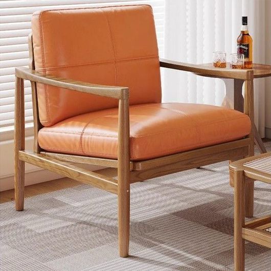 Solid Wood Lounge Chair with Waxed Leather Cushion – Modern Japandi Accent Chair for Living Room