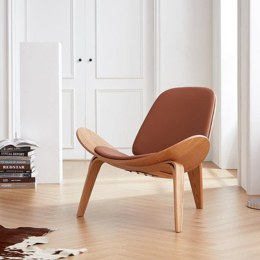 Light Luxury Arch Shell Chair, Walnut Finish Lounge Chair, Modern Shell Chair, Italian Leather Armless Chair