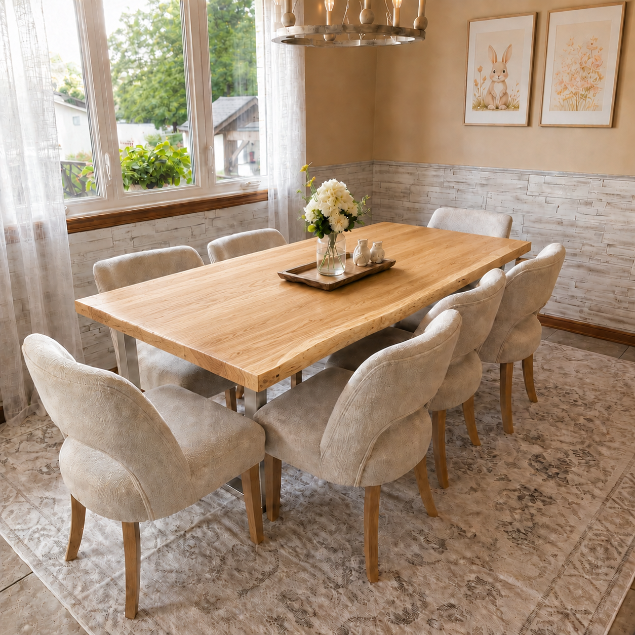 Rustic Live Edge Dining Table for 6 Person Wooden Tabletop Sled Base