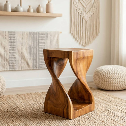 Handmade Solid Wood Double Twist Side Table | Rustic Natural Grain Abstract Form