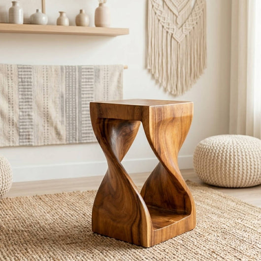 Handmade Solid Wood Double Twist Side Table | Rustic Natural Grain Abstract Form