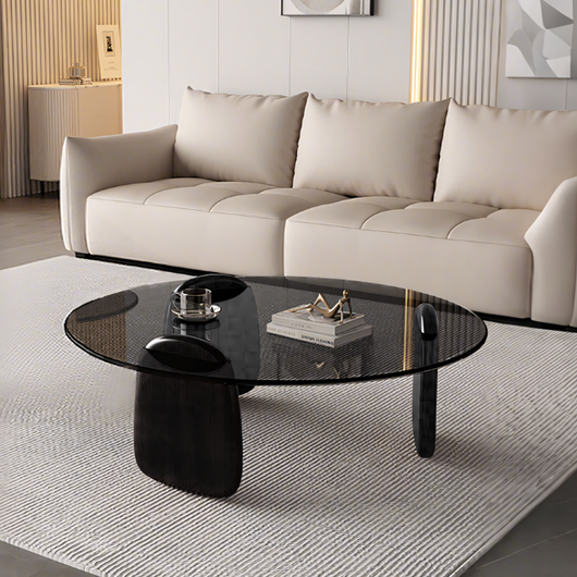 Modern Glass Coffee Table Set, Round Tempered Glass Top with Solid Wood Base – Contemporary Living Room Center Table