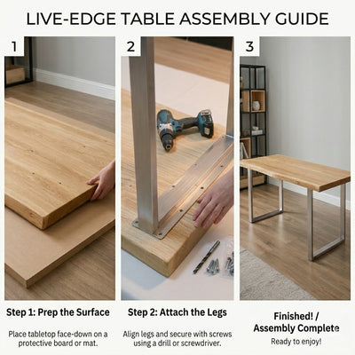 Rustic Live Edge Dining Table for 6 Person Wooden Tabletop Sled Base