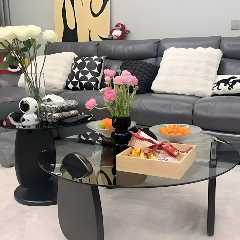 Modern Glass Coffee Table Set, Round Tempered Glass Top with Solid Wood Base – Contemporary Living Room Center Table