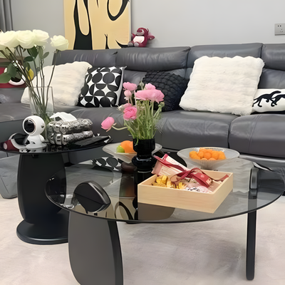 Modern Glass Coffee Table Set, Round Tempered Glass Top with Solid Wood Base – Contemporary Living Room Center Table
