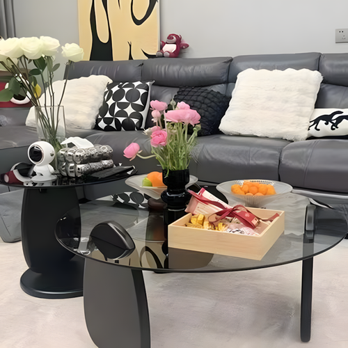 Modern Glass Coffee Table Set, Round Tempered Glass Top with Solid Wood Base – Contemporary Living Room Center Table