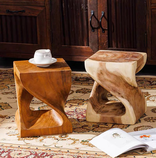 Handmade Solid Wood Double Twist Side Table | Rustic Natural Grain Abstract Form