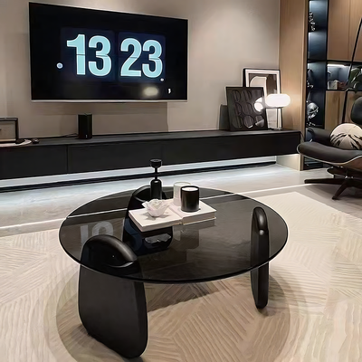 Modern Glass Coffee Table Set, Round Tempered Glass Top with Solid Wood Base – Contemporary Living Room Center Table