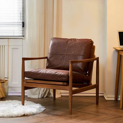 Solid Wood Lounge Chair with Waxed Leather Cushion – Modern Japandi Accent Chair for Living Room