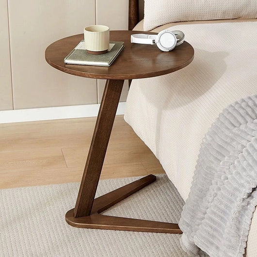 C-Shaped Solid Wood Side Table – Compact Sofa Table & Laptop Desk