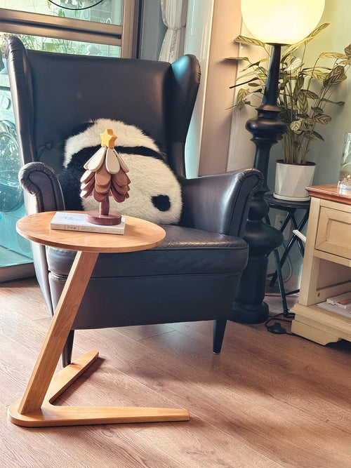 C-Shaped Solid Wood Side Table – Compact Sofa Table & Laptop Desk