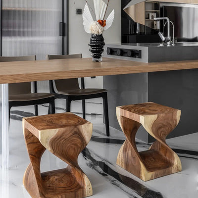 Handmade Solid Wood Double Twist Side Table | Rustic Natural Grain Abstract Form