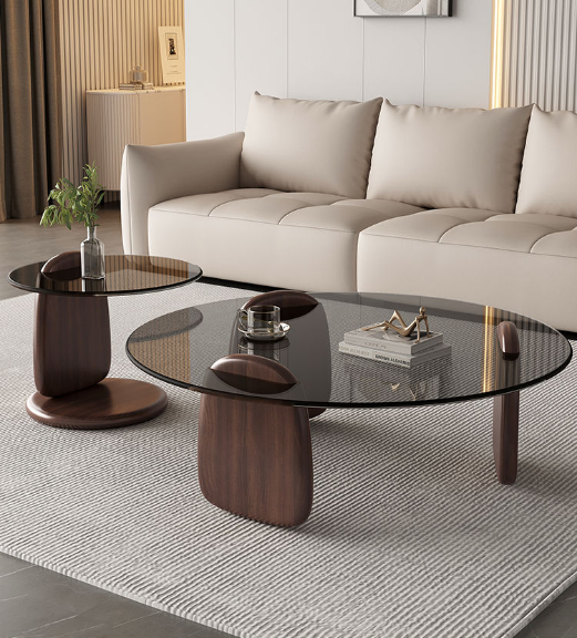 Modern Glass Coffee Table Set, Round Tempered Glass Top with Solid Wood Base – Contemporary Living Room Center Table