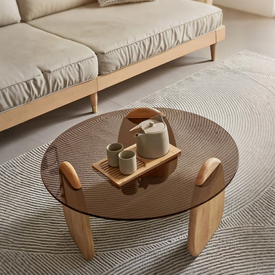 Modern Glass Coffee Table Set, Round Tempered Glass Top with Solid Wood Base – Contemporary Living Room Center Table