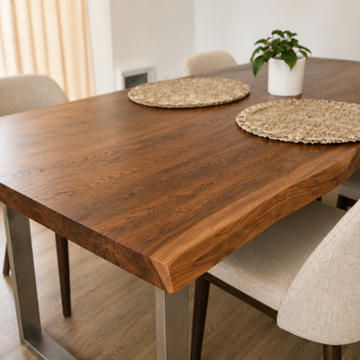 Rustic Live Edge Dining Table for 6 Person Wooden Tabletop Sled Base