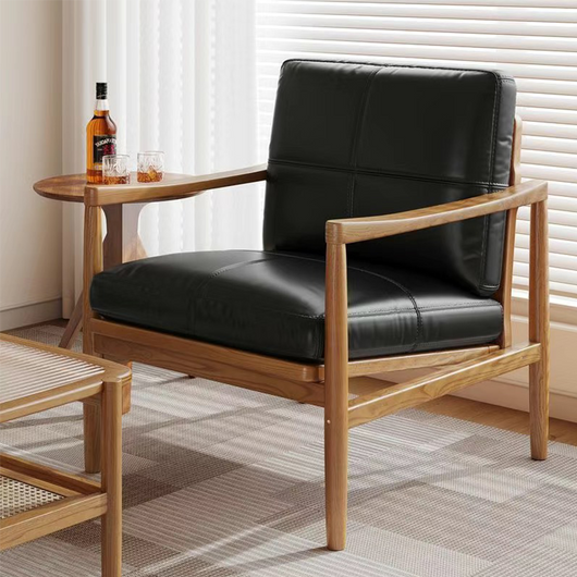 Solid Wood Lounge Chair with Waxed Leather Cushion – Modern Japandi Accent Chair for Living Room