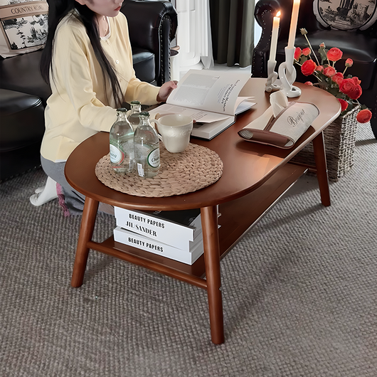 Solid Wood Oval Coffee Table, Compact Living Room Coffee Table, Double-Layer Storage Coffee Table, Modern Minimalist Coffee Table