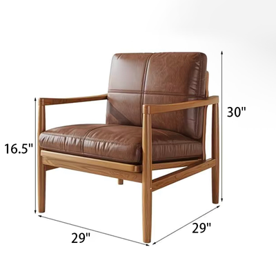 Solid Wood Lounge Chair with Waxed Leather Cushion – Modern Japandi Accent Chair for Living Room