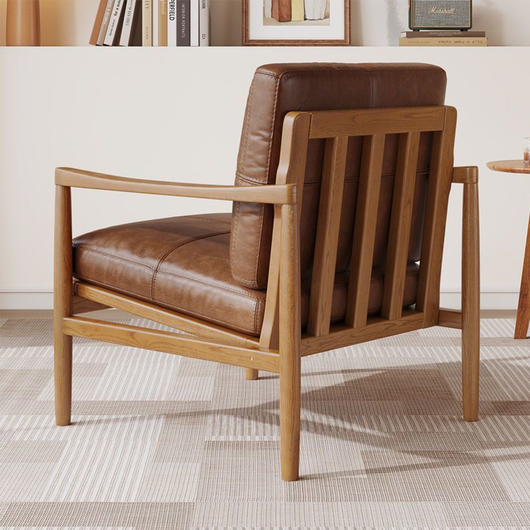 Solid Wood Lounge Chair with Waxed Leather Cushion – Modern Japandi Accent Chair for Living Room