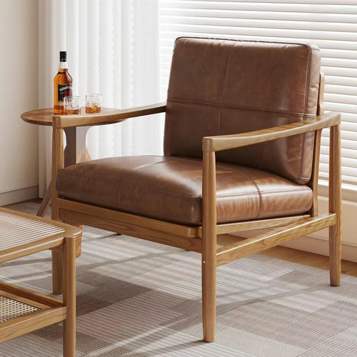 Solid Wood Lounge Chair with Waxed Leather Cushion – Modern Japandi Accent Chair for Living Room