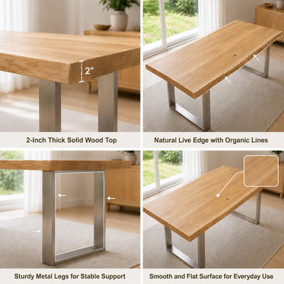 Rustic Live Edge Dining Table for 6 Person Wooden Tabletop Sled Base