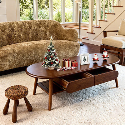 Solid Wood Oval Coffee Table, Compact Living Room Coffee Table, Double-Layer Storage Coffee Table, Modern Minimalist Coffee Table