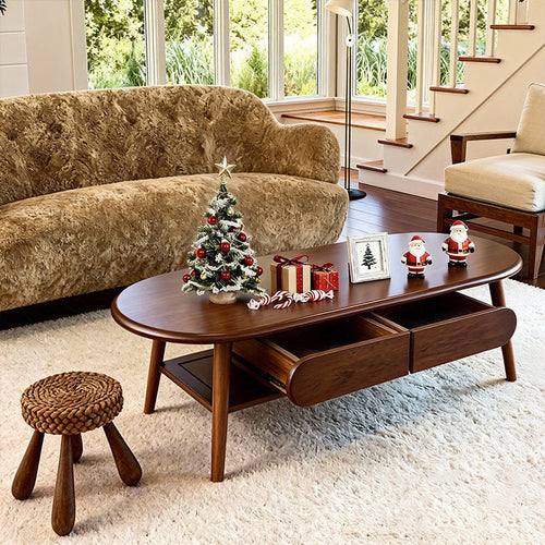 Solid Wood Oval Coffee Table, Compact Living Room Coffee Table, Double-Layer Storage Coffee Table, Modern Minimalist Coffee Table
