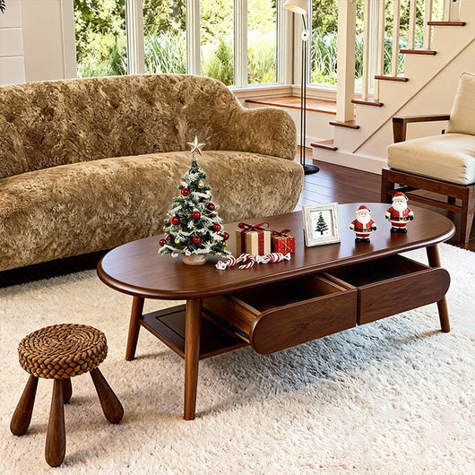 Solid Wood Oval Coffee Table, Compact Living Room Coffee Table, Double-Layer Storage Coffee Table, Modern Minimalist Coffee Table