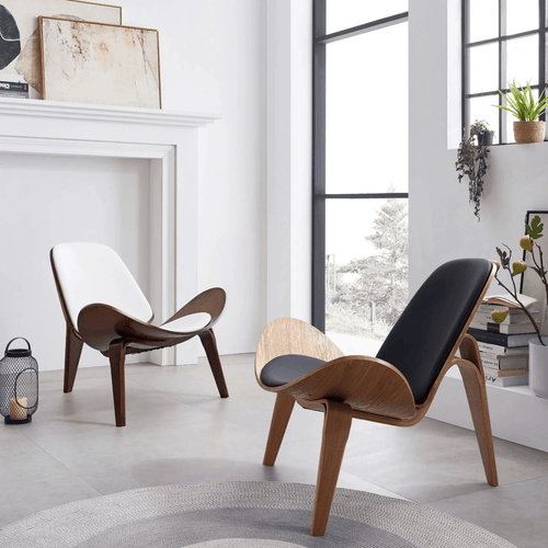 Light Luxury Arch Shell Chair, Walnut Finish Lounge Chair, Modern Shell Chair, Italian Leather Armless Chair