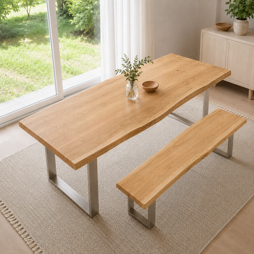 Rustic Live Edge Dining Table for 6 Person Wooden Tabletop Sled Base