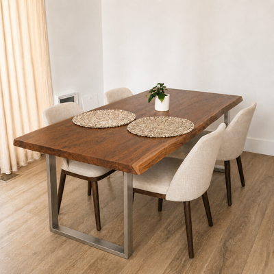 Rustic Live Edge Dining Table for 6 Person Wooden Tabletop Sled Base